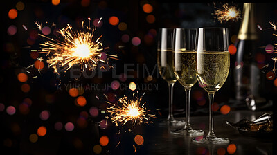 Closeup, champagne or alcohol glass with sparkler in party, restaurant and night club for celebration, new year and late event. Ai generated, drink or luxury bubble beverage on bokeh mockup space