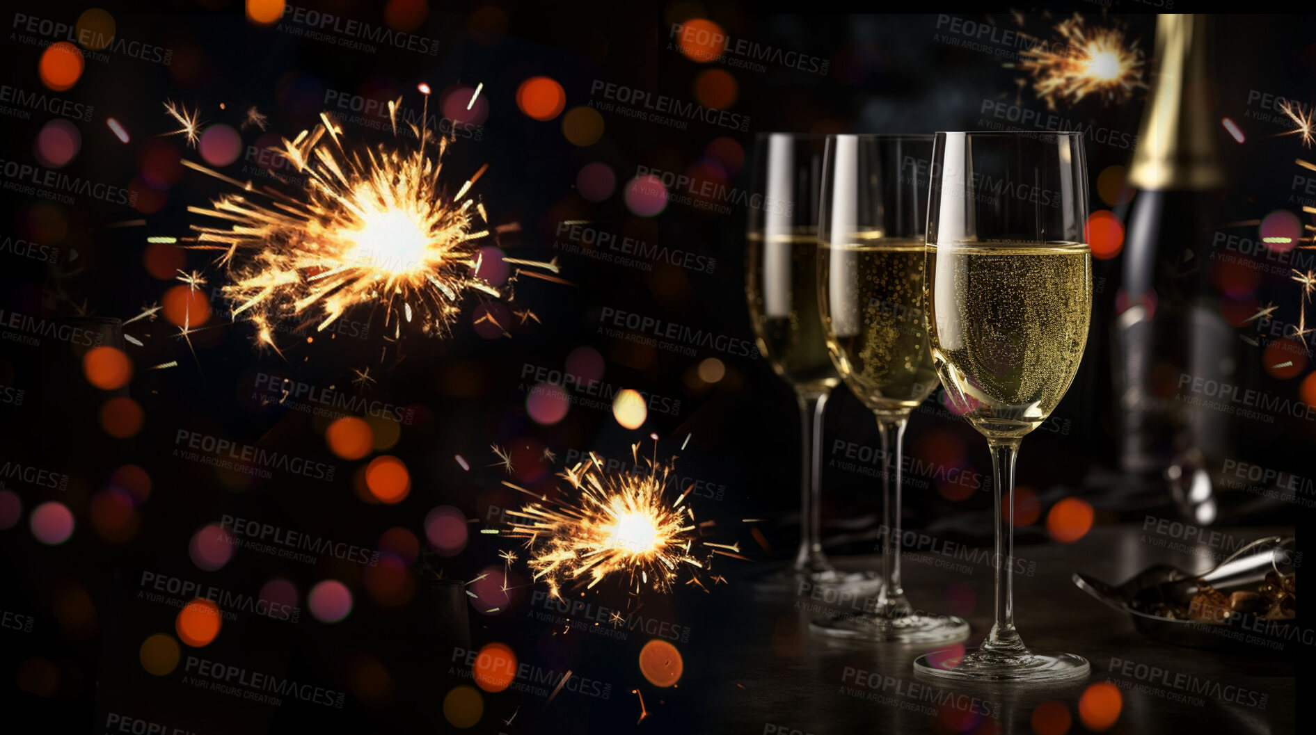 Buy stock photo Closeup, champagne or alcohol glass with sparkler in party, restaurant and night club for celebration, new year and late event. Ai generated, drink or luxury bubble beverage on bokeh mockup space