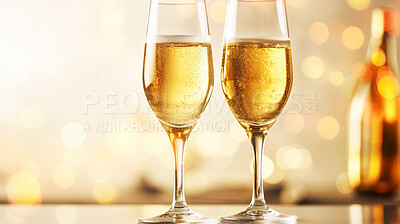 Closeup, champagne or alcohol glass in party, restaurant and night club for celebration, new year and late event. Ai generated, drink or luxury bubble beverage isolated on bokeh mockup space