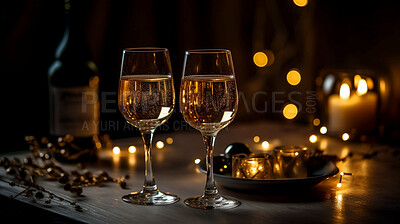 Closeup, wine or alcohol glass in restaurant, night club and party for celebration, new year and event. Ai generated, drink or luxury Champagne bubble beverage on table isolated on bokeh mockup space