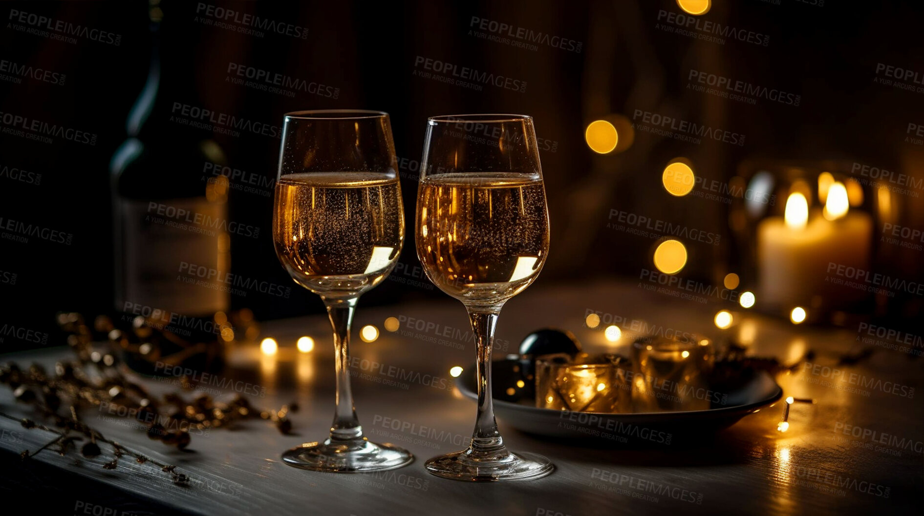 Buy stock photo Closeup, wine or alcohol glass in restaurant, night club and party for celebration, new year and event. Ai generated, drink or luxury Champagne bubble beverage on table isolated on bokeh mockup space