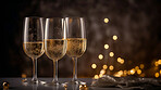 Closeup, champagne or alcohol glass on table in night club, restaurant and party for celebration, new year and late event. Ai generated, drink or luxury bubble beverage isolated on bokeh mockup space