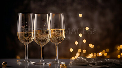 Closeup, champagne or alcohol glass on table in night club, restaurant and party for celebration, new year and late event. Ai generated, drink or luxury bubble beverage isolated on bokeh mockup space