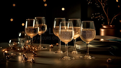 Closeup, wine or alcohol glass in night club, restaurant and party for celebration, new year and late event. Ai generated, drink or luxury champagne bubble beverage on table on bokeh mockup space