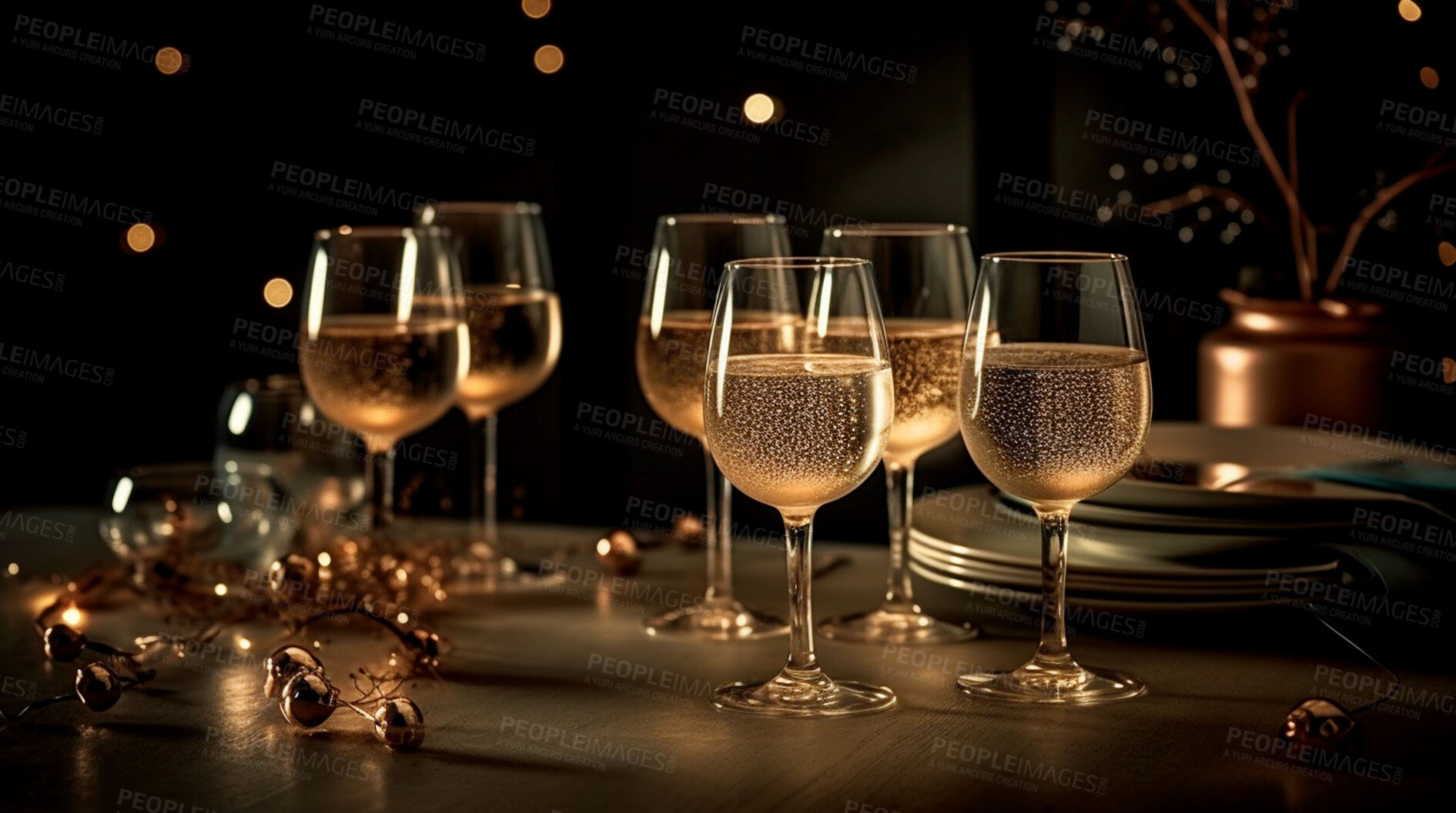 Buy stock photo Closeup, wine or alcohol glass in night club, restaurant and party for celebration, new year and late event. Ai generated, drink or luxury champagne bubble beverage on table on bokeh mockup space