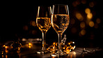 Closeup, champagne or wine glass in night club, restaurant and party for celebration, new year and event. Ai generated, alcohol drink or luxury bubble beverage on table isolated on bokeh mockup space