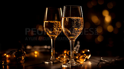 Closeup, champagne or wine glass in night club, restaurant and party for celebration, new year and event. Ai generated, alcohol drink or luxury bubble beverage on table isolated on bokeh mockup space