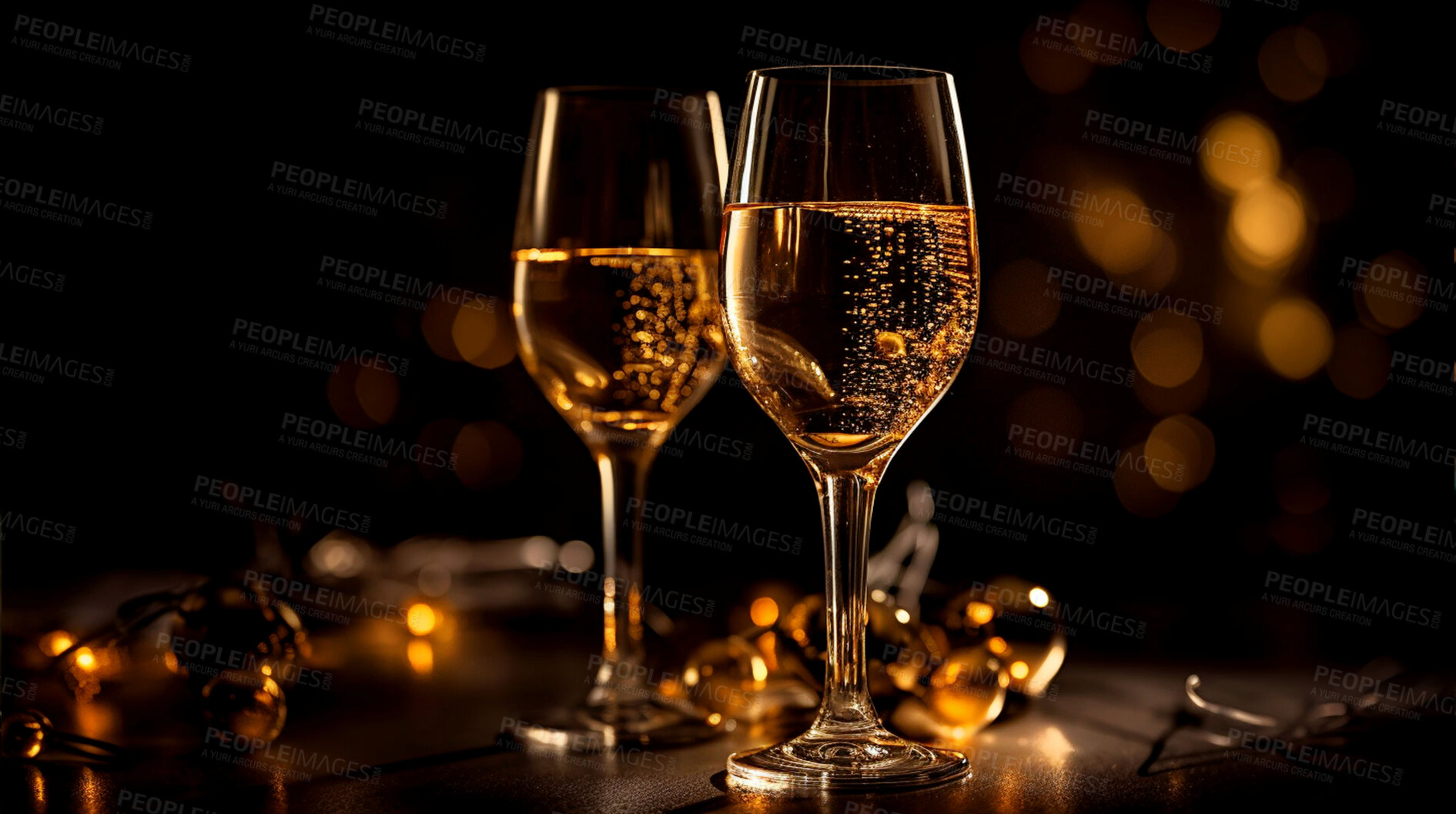 Buy stock photo Closeup, champagne or wine glass in night club, restaurant and party for celebration, new year and event. Ai generated, alcohol drink or luxury bubble beverage on table isolated on bokeh mockup space