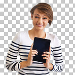 PNG of a cropped portrait of a beautiful young woman holding a tabletisolated on a transparent PNG background