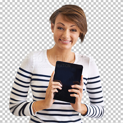 Buy stock photo Tablet, screen and mockup with portrait of woman on transparent background for social media, digital and networking. Communication, website and online with person isolated on png for technology