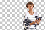 PNG of a cropped portrait of a beautiful young woman holding a tabletisolated on a transparent PNG background