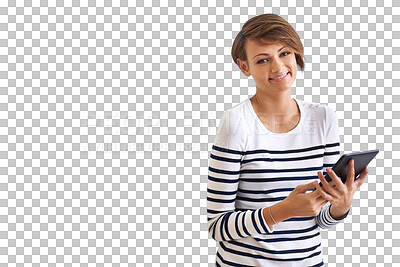 Buy stock photo Tablet, portrait and happy woman or student for university website or social media isolated on transparent png background. Digital tech, scroll and young person with college or education information