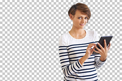 Buy stock photo Tablet, portrait and young woman or student for social media or university website isolated on transparent png background. Digital tech, scroll and happy person for college or education information