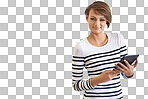 PNG of a cropped portrait of a beautiful young woman holding a tabletisolated on a transparent PNG background