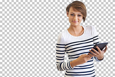 Buy stock photo Tablet, face and young business woman in creative career for website design, social media or Web 3.0 marketing. Happy portrait, person or worker in digital tech isolated on transparent png background