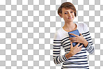 PNG of a cropped portrait of a beautiful young woman holding a tabletisolated on a transparent PNG background