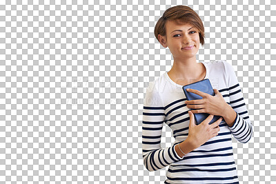 Buy stock photo Tablet, digital and smile with portrait of woman on transparent background for internet, app and website. Technology, social media and networking with person isolated on png for online and search