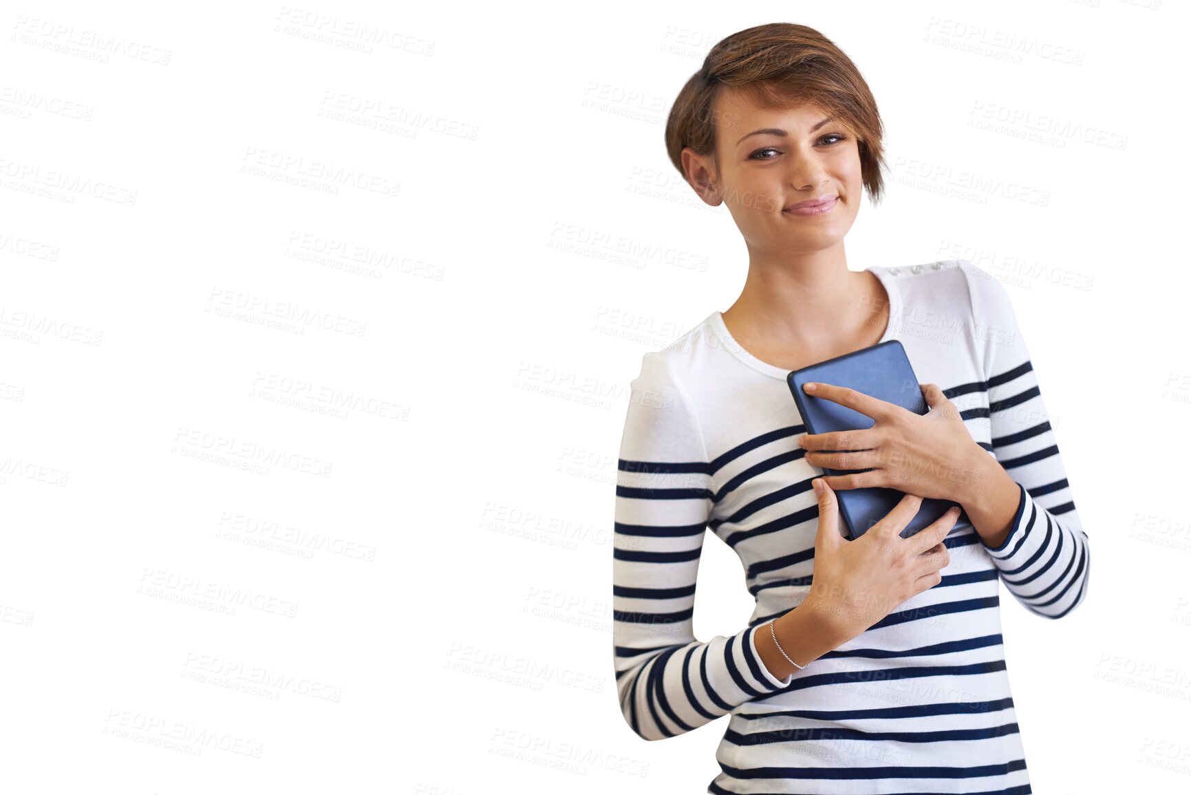 Buy stock photo Tablet, digital and smile with portrait of woman on transparent background for internet, app and website. Technology, social media and networking with person isolated on png for online and search