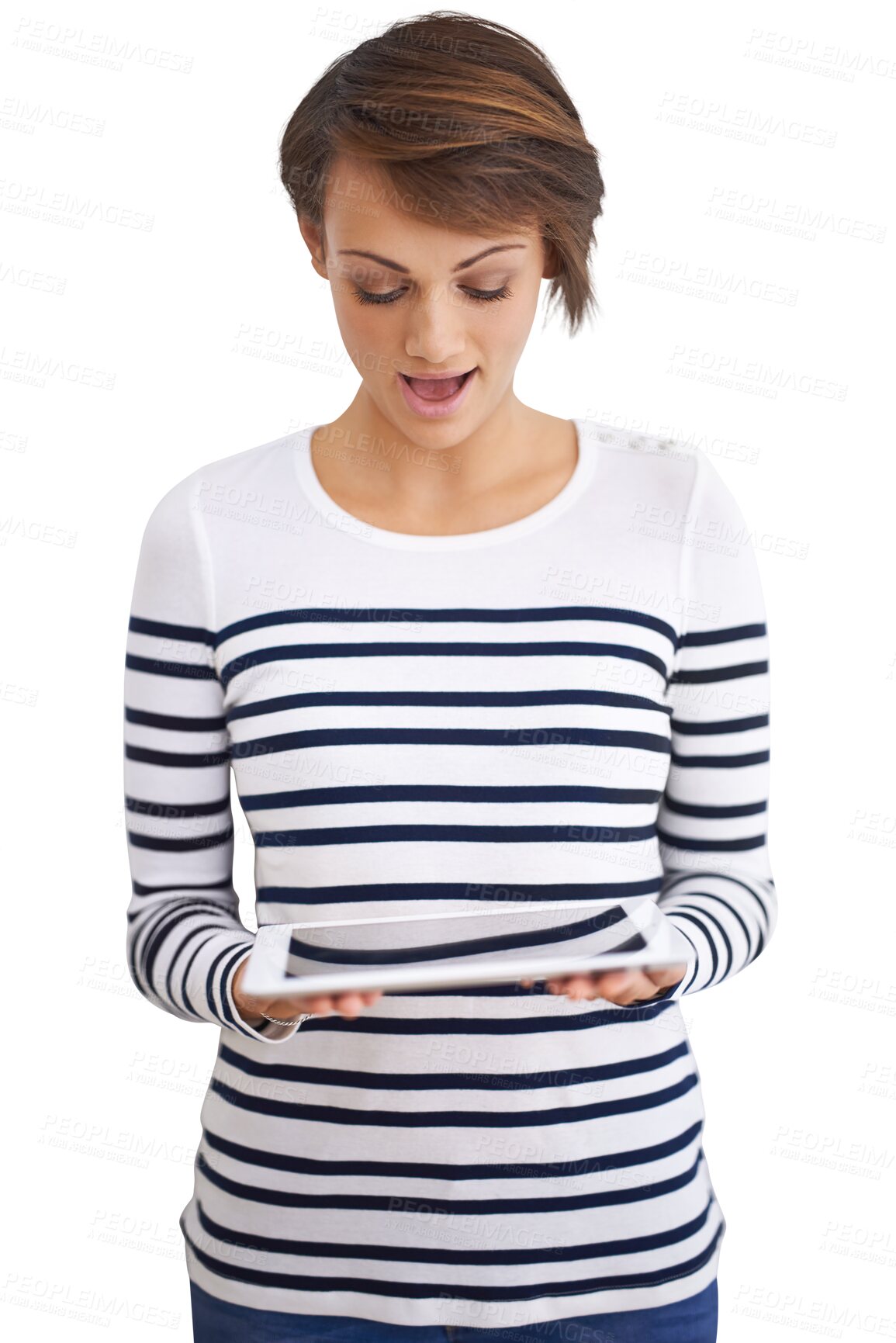 Buy stock photo Tablet, wow and young woman with news, announcement or sale, bonus and winning isolated on transparent png background. Surprise, reading discount and casual person or winner with digital technology 