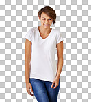 PNG of a cropped portrait of a beautiful young woman in jeans and a t shirtisolated on a transparent PNG background