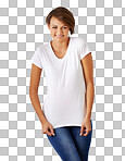 PNG of a cropped portrait of a beautiful young woman in jeans and a t shirtisolated on a transparent PNG background