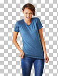 PNG of a cropped portrait of a beautiful young woman in jeans and a t shirtisolated on a transparent PNG background