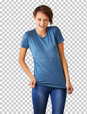 Buy stock photo Portrait, fashion and trendy with an excited woman isolated on a transparent background for style. Clothes, casual and smile with a relaxed young female in a fashionable or stylish outfit on png