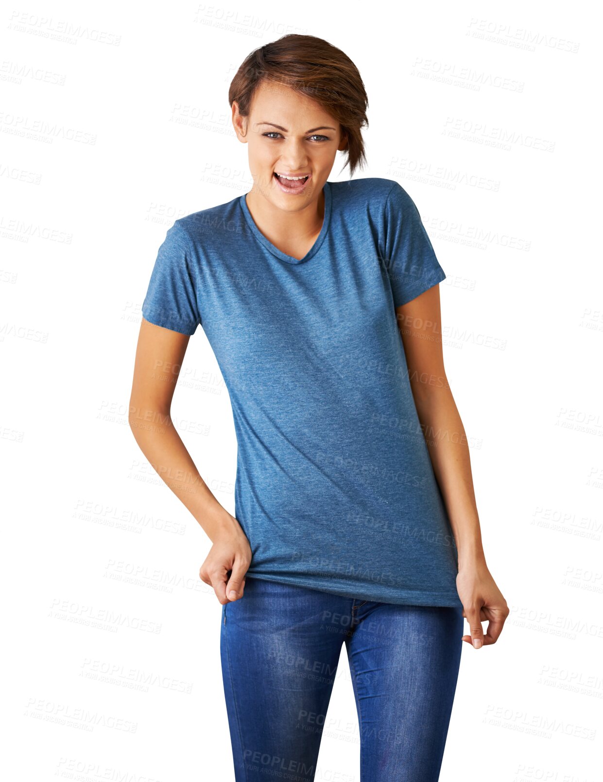 Buy stock photo Portrait, fashion and trendy with an excited woman isolated on a transparent background for style. Clothes, casual and smile with a relaxed young female in a fashionable or stylish outfit on png