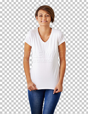 Buy stock photo Portrait, fashion and tshirt with a trendy woman isolated on a transparent background for casual style. Clothes, confident and cute with a young female model on PNG in a fashionable clothing outfit