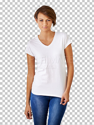 Buy stock photo Portrait, fashion and clothes with a trendy woman isolated on a transparent background for casual style. Confident, tshirt and cute with a young female model on PNG in a fashionable clothing outfit