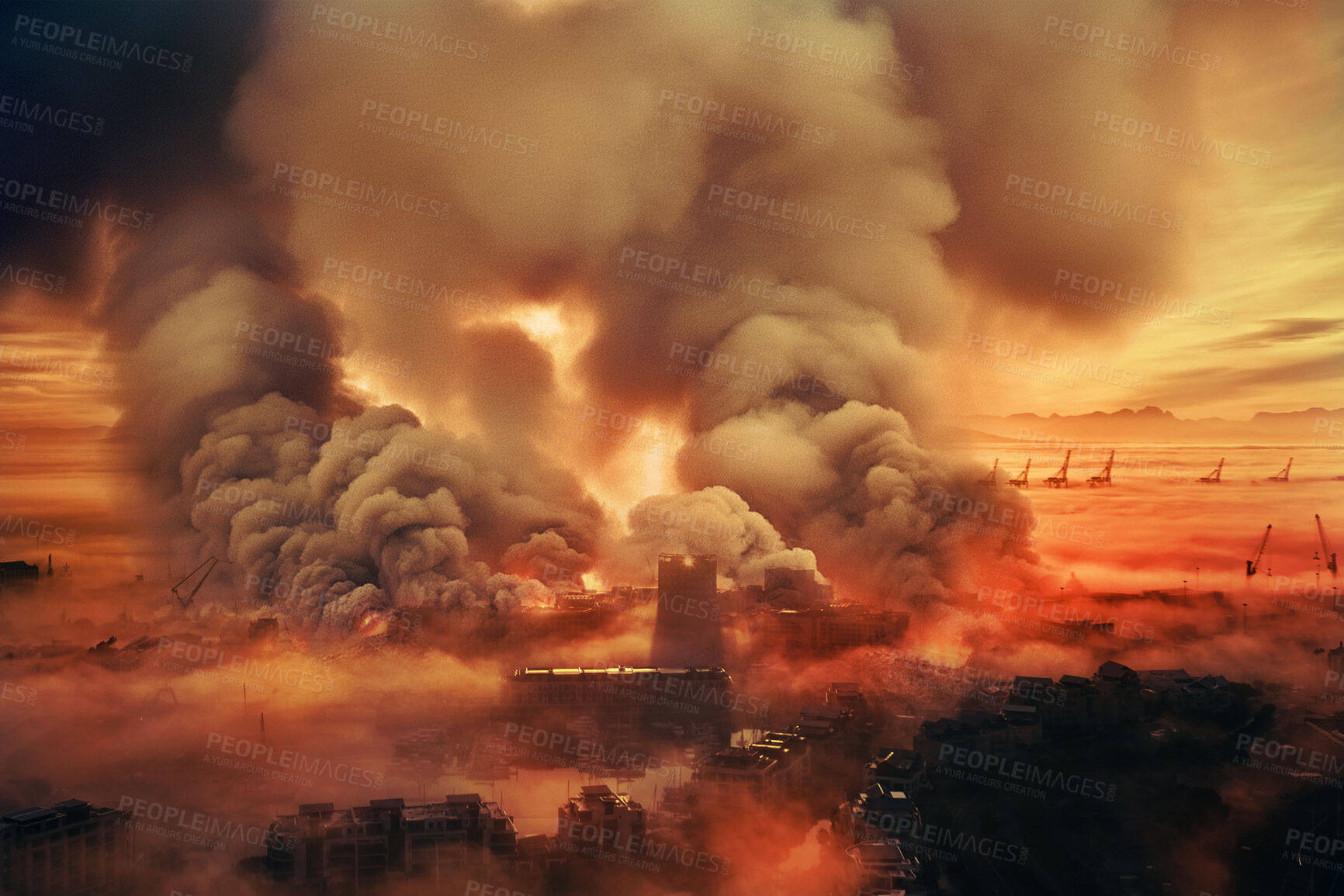 Buy stock photo Smoke, disaster and danger with fire in city for destruction, fossil fuel and climate change. Explosion, gasoline and ai generated with burning buildings for energy, flame and global warming