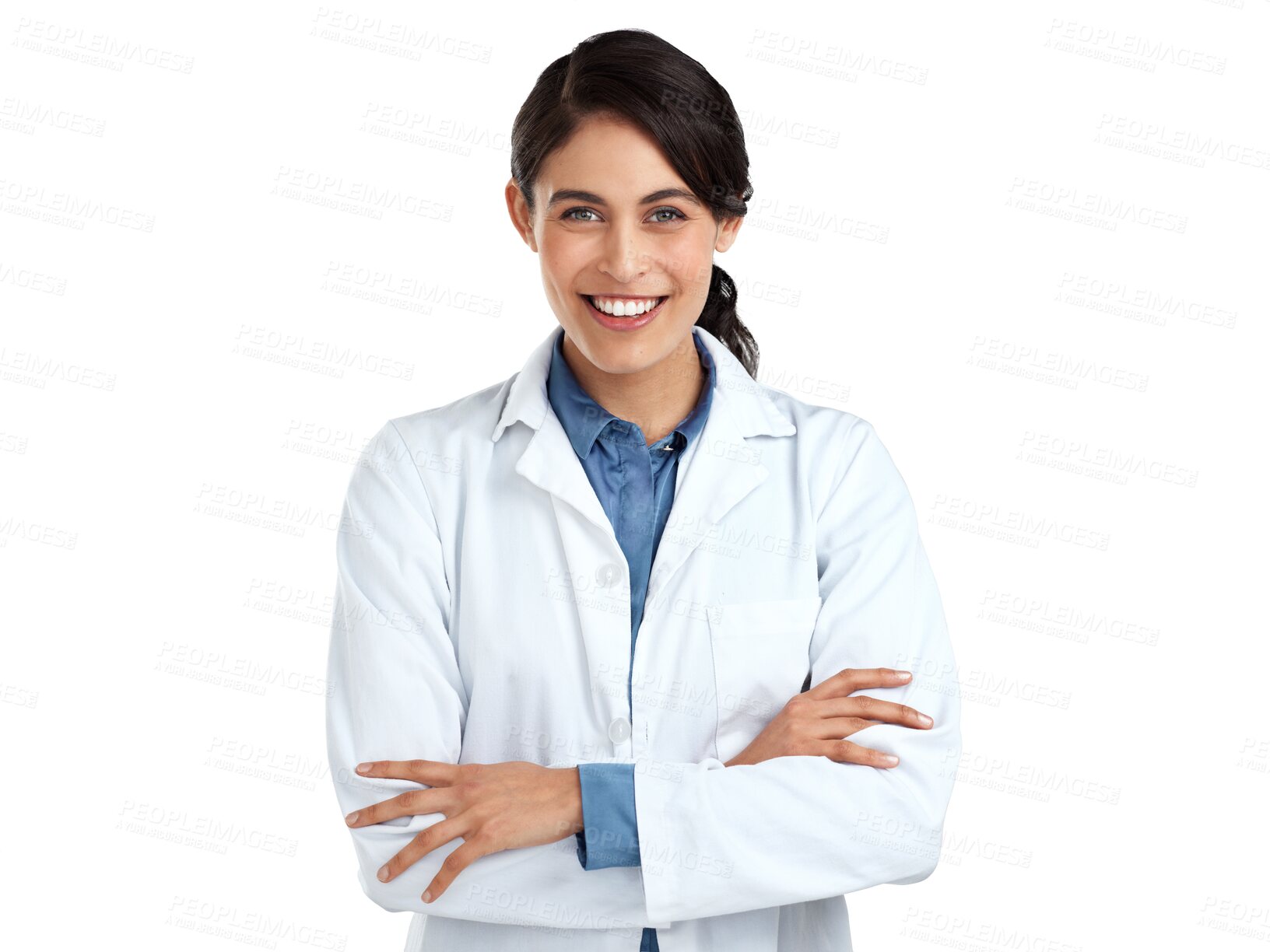 Buy stock photo Woman, doctor with arms crossed and smile, health and confidence isolated on transparent png background. Medical professional, female physician and portrait, surgeon and healthcare with positivity