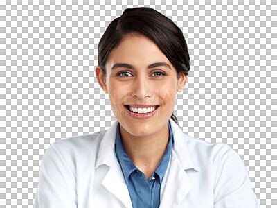 Buy stock photo Woman in portrait, scientist and doctor with smile, confidence and positivity isolated on transparent png background. Face, health and science with female lab technician, pathology and healthcare