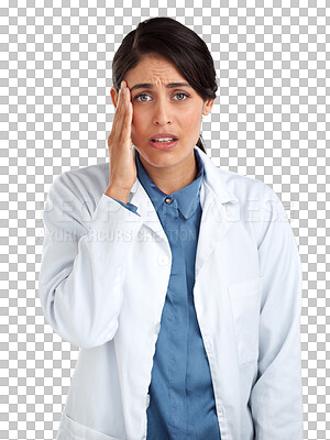 Buy stock photo Stress, doctor and thinking with portrait of woman on transparent background for headache, mental health and anxiety. Medical, healthcare and medicine with person isolated on png for sad and mistake