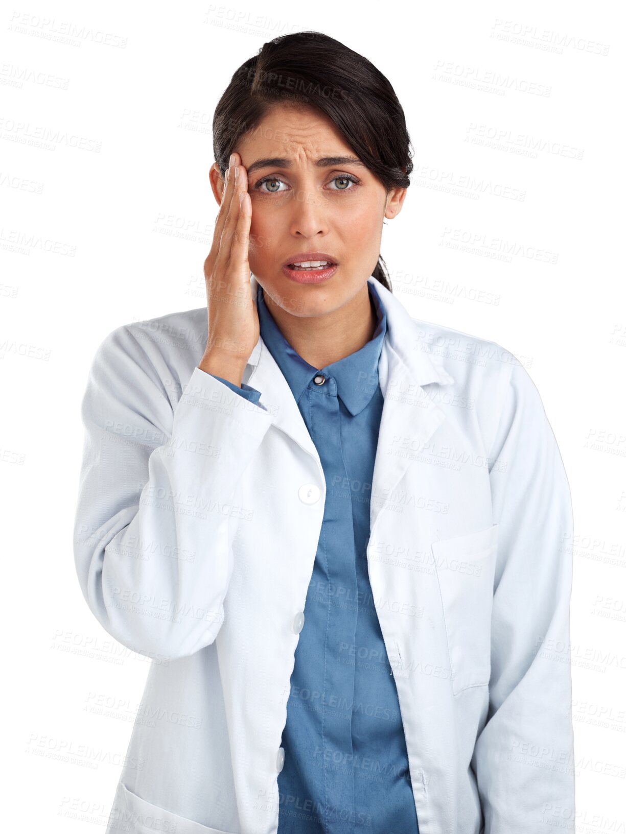 Buy stock photo Stress, doctor and thinking with portrait of woman on transparent background for headache, mental health and anxiety. Medical, healthcare and medicine with person isolated on png for sad and mistake
