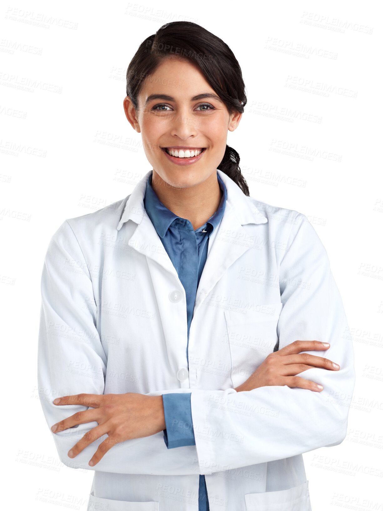 Buy stock photo Woman, doctor or pharmacist with arms crossed and smile in portrait isolated on transparent png background. Confidence, happy and female medical professional, pharmacy or surgery with healthcare