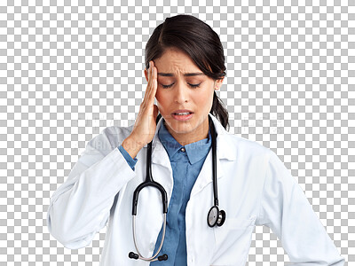 Buy stock photo Stress, doctor and thinking with woman and headache on transparent background for pain, mental health and anxiety. Medical, healthcare and medicine with person isolated on png for sad and mistake