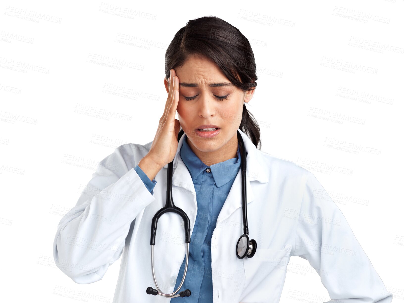 Buy stock photo Stress, doctor and thinking with woman and headache on transparent background for pain, mental health and anxiety. Medical, healthcare and medicine with person isolated on png for sad and mistake