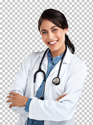 Buy stock photo Woman, doctor with arms crossed and stethoscope, happy in healthcare and portrait isolated on transparent png background. Medical professional, female person and cardiovascular surgeon has confidence