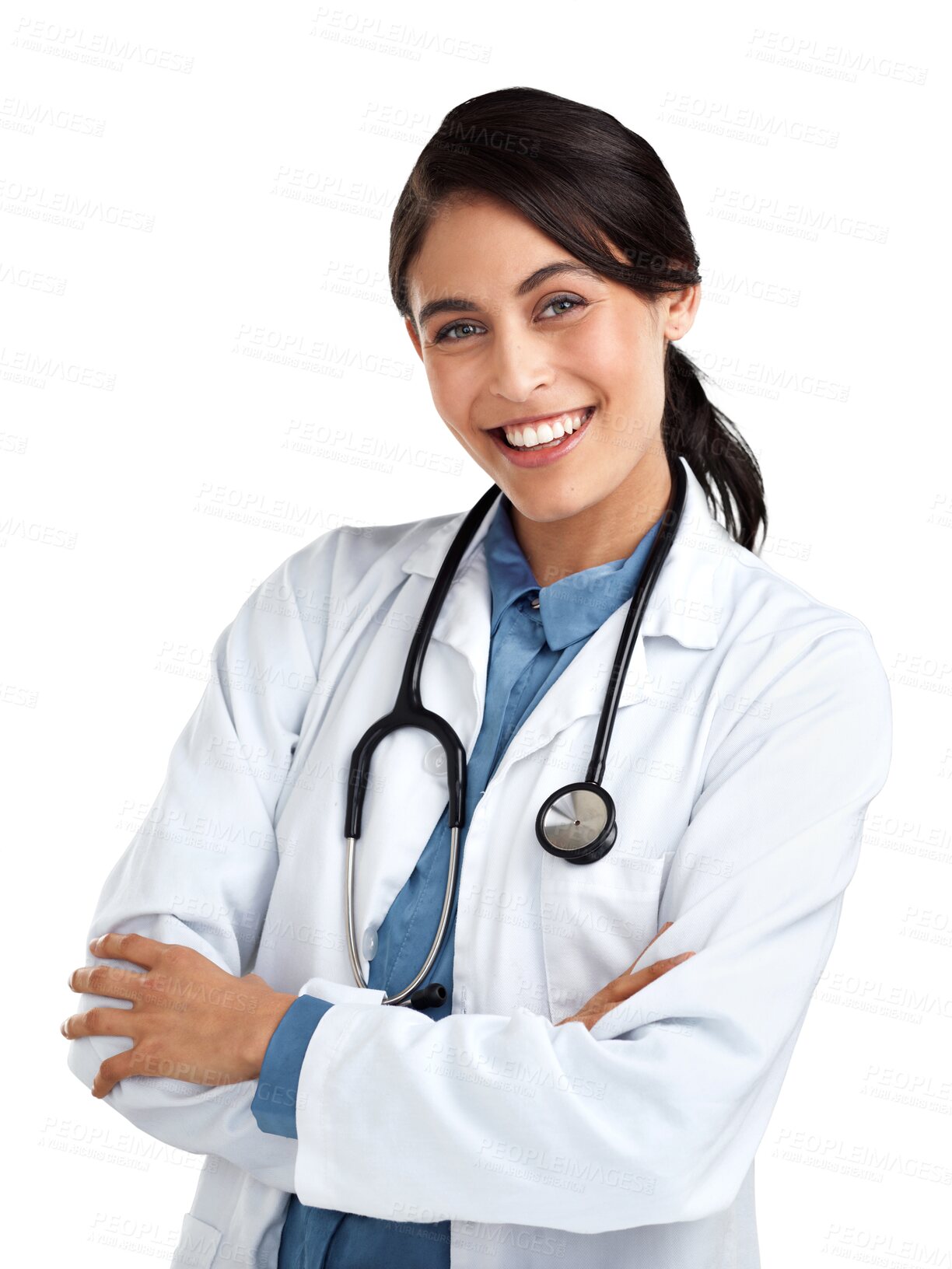 Buy stock photo Woman, doctor with arms crossed and stethoscope, happy in healthcare and portrait isolated on transparent png background. Medical professional, female person and cardiovascular surgeon has confidence