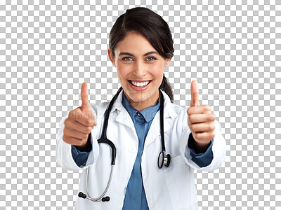 Buy stock photo Woman, doctor and thumbs up in portrait, support and trust with success in health isolated on transparent png background. Medical feedback, hand gesture and emoji, female person in medicine and vote