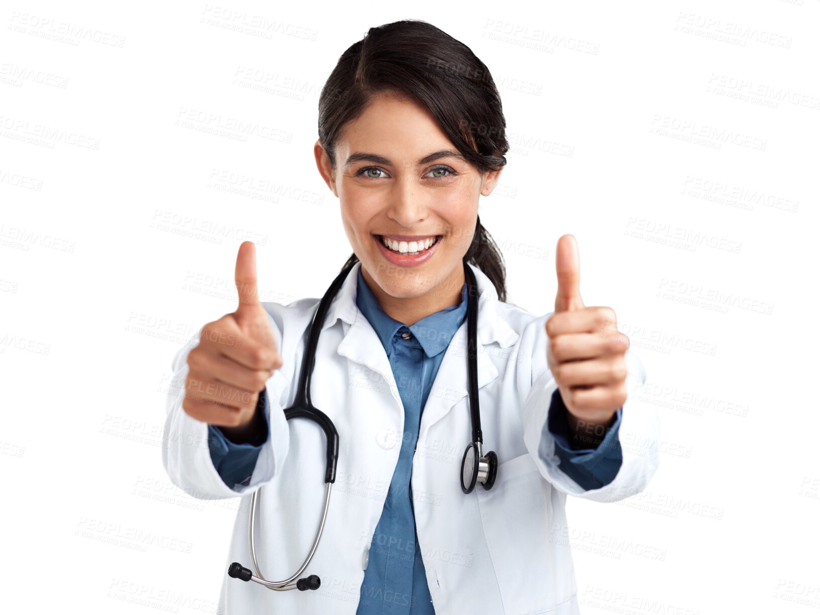 Buy stock photo Woman, doctor and thumbs up in portrait, support and trust with success in health isolated on transparent png background. Medical feedback, hand gesture and emoji, female person in medicine and vote