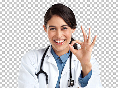 Buy stock photo Okay, doctor and support with portrait of woman on transparent background for success, motivation and winner. Medical, healthcare and medicine with person isolated on png for hand gesture and ok sign