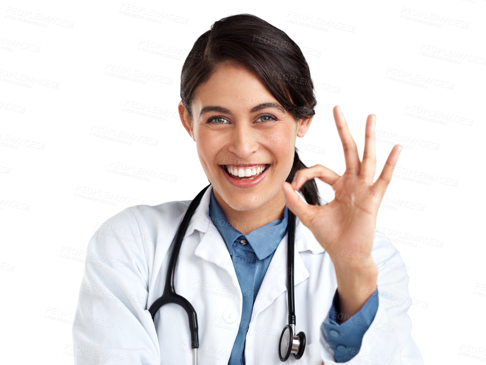 Buy stock photo Okay, doctor and support with portrait of woman on transparent background for success, motivation and winner. Medical, healthcare and medicine with person isolated on png for hand gesture and ok sign