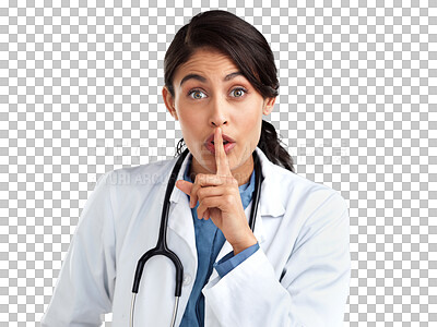 Buy stock photo Portrait, quiet doctor and woman isolated on a transparent png background. Face, shush and female medical professional with hand gesture, emoji or sign for silence, serious secret and stop noise.