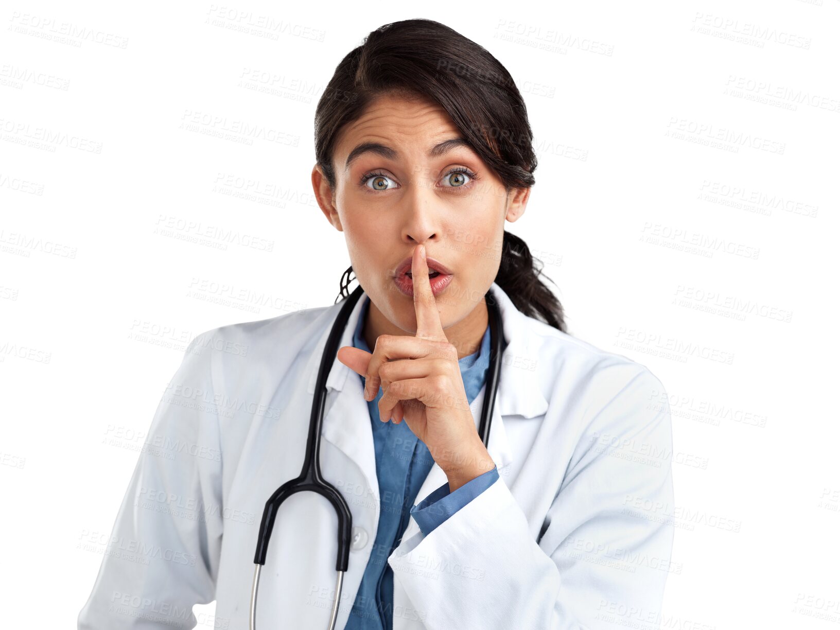 Buy stock photo Portrait, quiet doctor and woman isolated on a transparent png background. Face, shush and female medical professional with hand gesture, emoji or sign for silence, serious secret and stop noise.