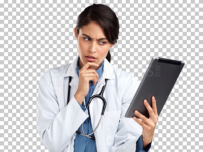 Buy stock photo Thinking, doctor and results with woman and tablet on transparent background for medical, idea and network. Healthcare, medicine and technology with person isolated on png for digital and information