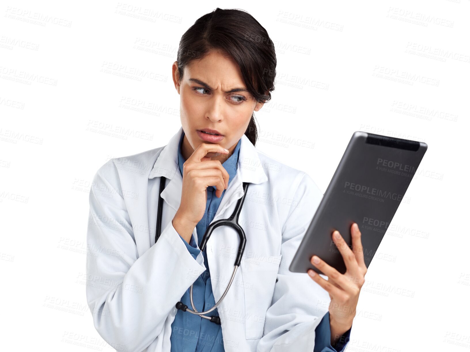 Buy stock photo Thinking, doctor and results with woman and tablet on transparent background for medical, idea and network. Healthcare, medicine and technology with person isolated on png for digital and information