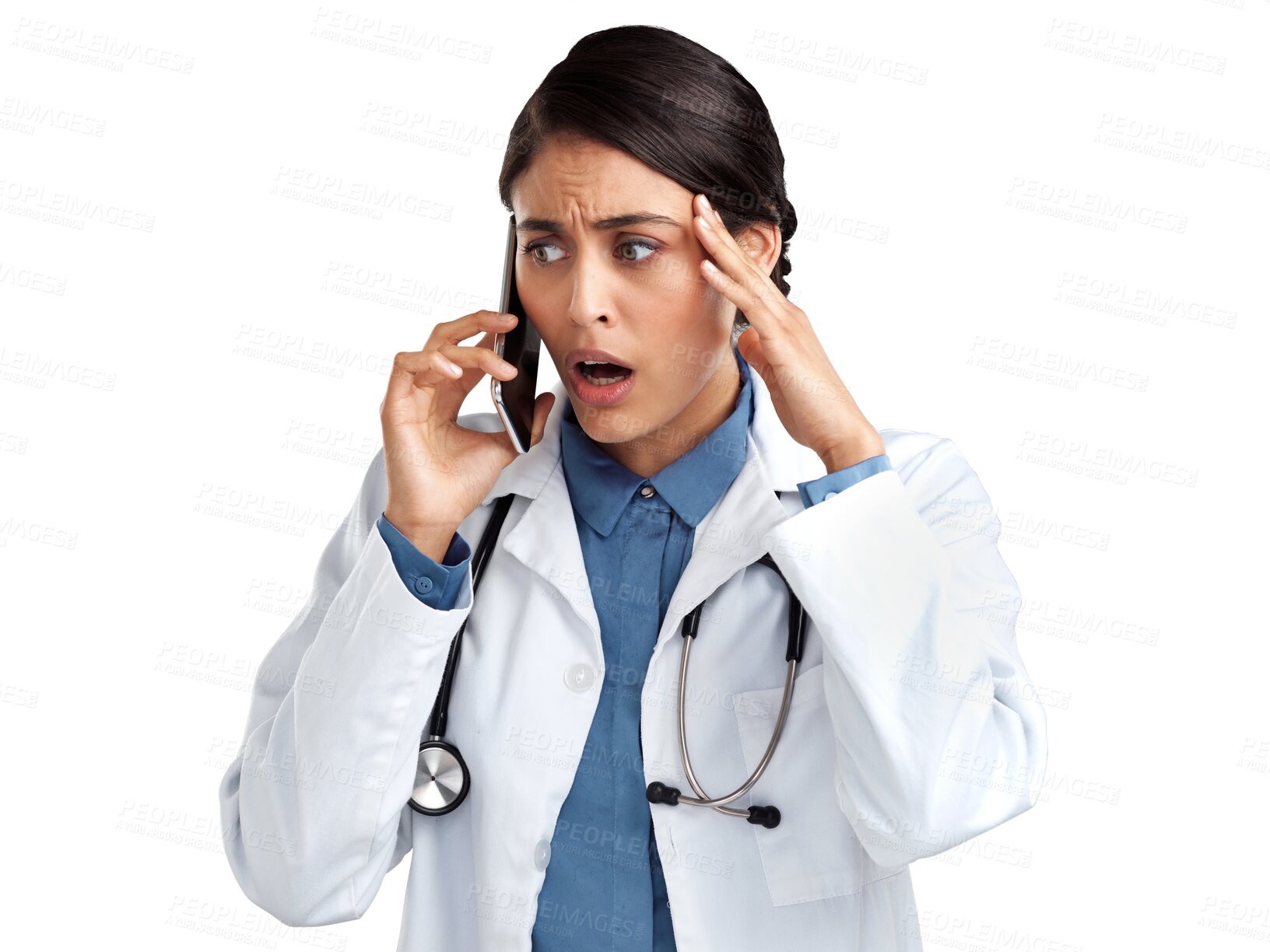 Buy stock photo Phone call, woman and doctor with problem, crisis or fail isolated on a transparent png background. Smartphone, stress and medical professional frustrated, angry and fear for mistake in healthcare.