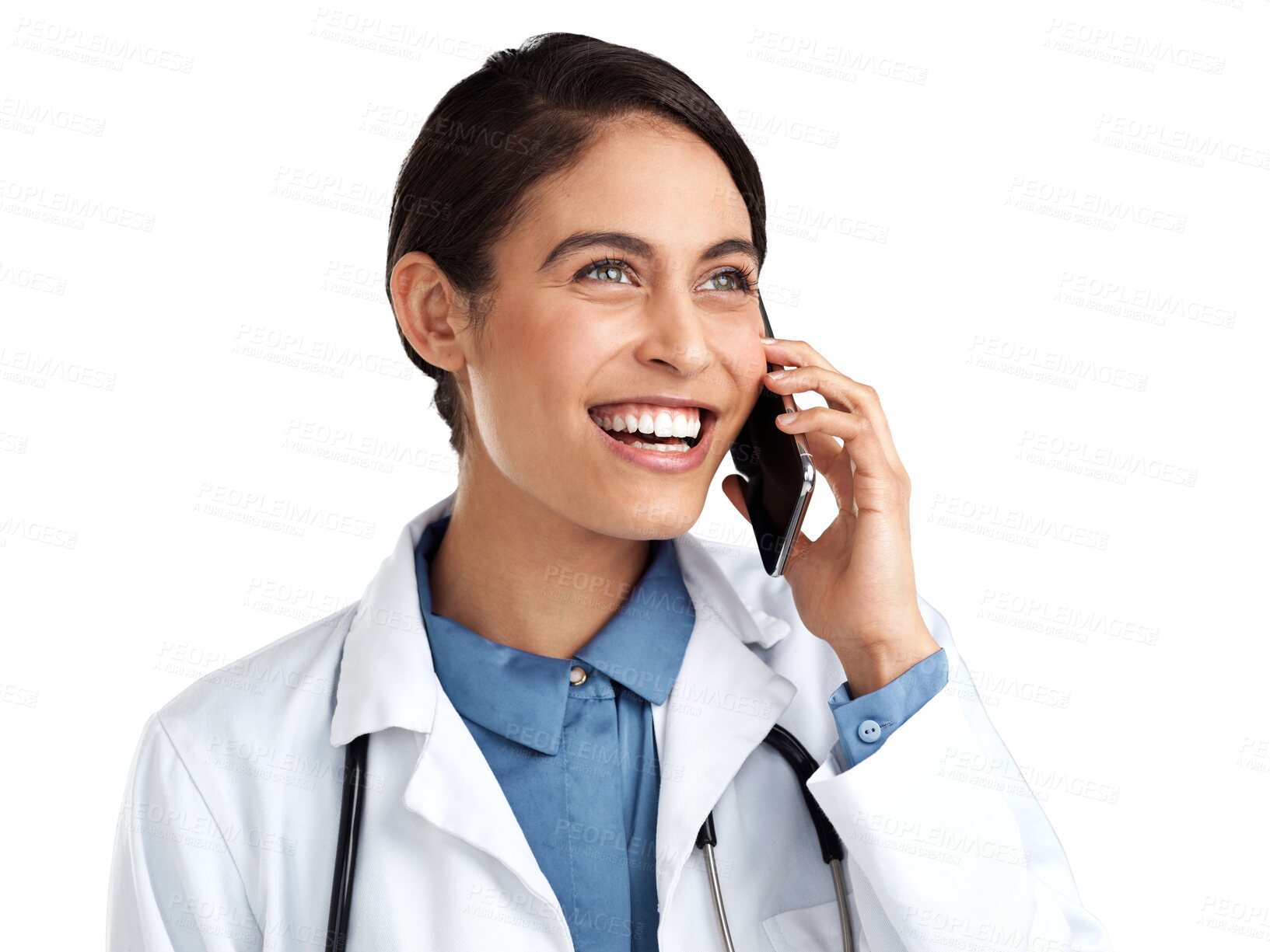 Buy stock photo Phone call, woman and funny doctor talking to contact isolated on a transparent png background. Smartphone, telehealth and medical professional in discussion, laughing or communication for healthcare